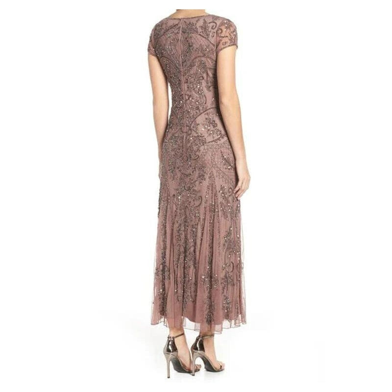 Pisarro Nights Art Deco Beaded Mesh Cocktail Dress Size 8 in Coffee Latte NWT