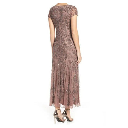 Pisarro Nights Art Deco Beaded Mesh Cocktail Dress Size 8 in Coffee Latte NWT