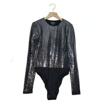Bardot Black/ silver METALLIC THREAD bodysuit Long sleeve party top MEDIUM NEW