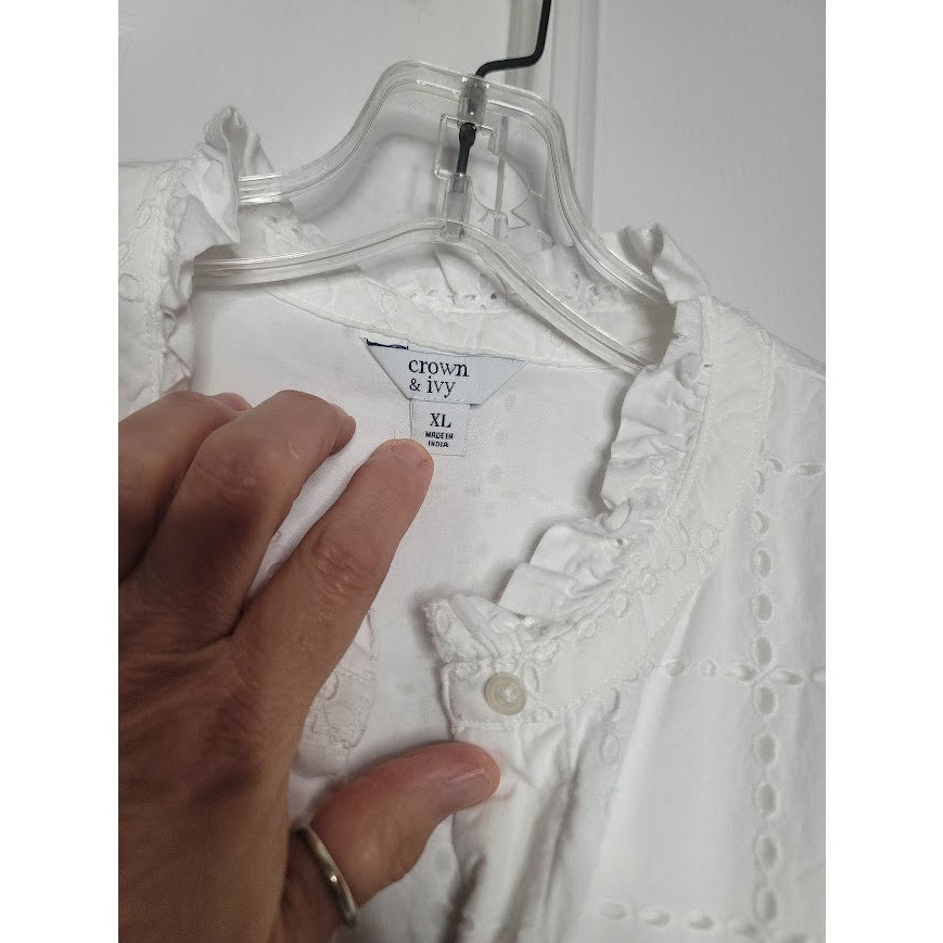 Crown & Ivy White eyelet button up Dress Midi Size XL Pockets flutter sleeve