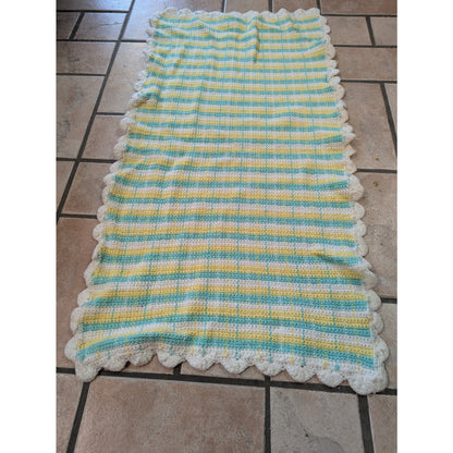 Vintage Hand-Crochet Pastel Plaid Baby Blanket with Scalloped Border