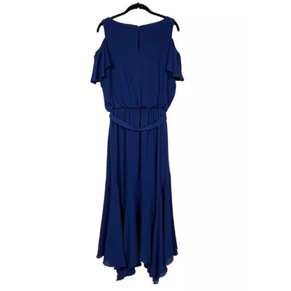 Maggy London Dress Size 6 Navy Blue Cold Shoulder Asymmetrical Ruffle Hem Belted