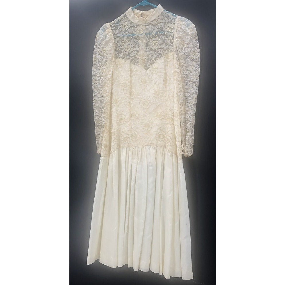 Vintage 80s Gold Lace Sheer Illusion High Neck Drop Waist Midi Dress Wedding