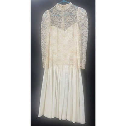 Vintage 80s Gold Lace Sheer Illusion High Neck Drop Waist Midi Dress Wedding