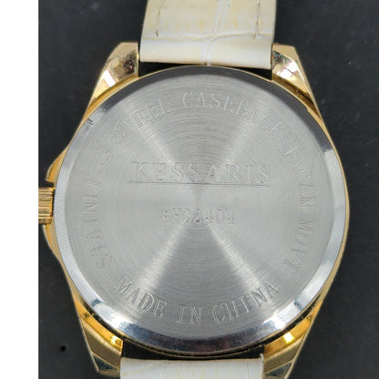 Vintage Signal Women's Watch Gold Tone Rhinestone Bezel White Strap Chronograph
