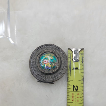 Antique French Filigree Metal & Guilloché Floral Enamel Box boudoir Pill snuff