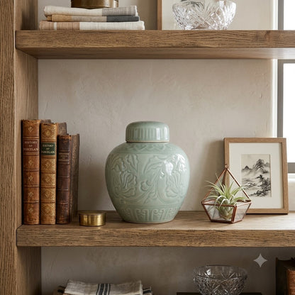 Vintage Chinese Celadon Ginger Jar Chinoiserie Pale Green Ceramic Urn Vase 6"
