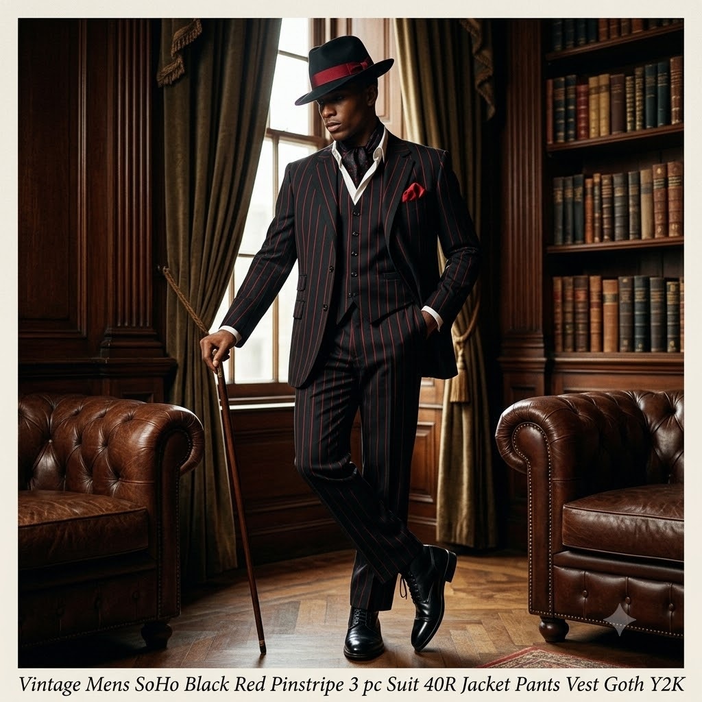 Vintage Mens SoHo Black Red Pinstripe 3 pc Suit 40R Jacket Pants Vest Dandy