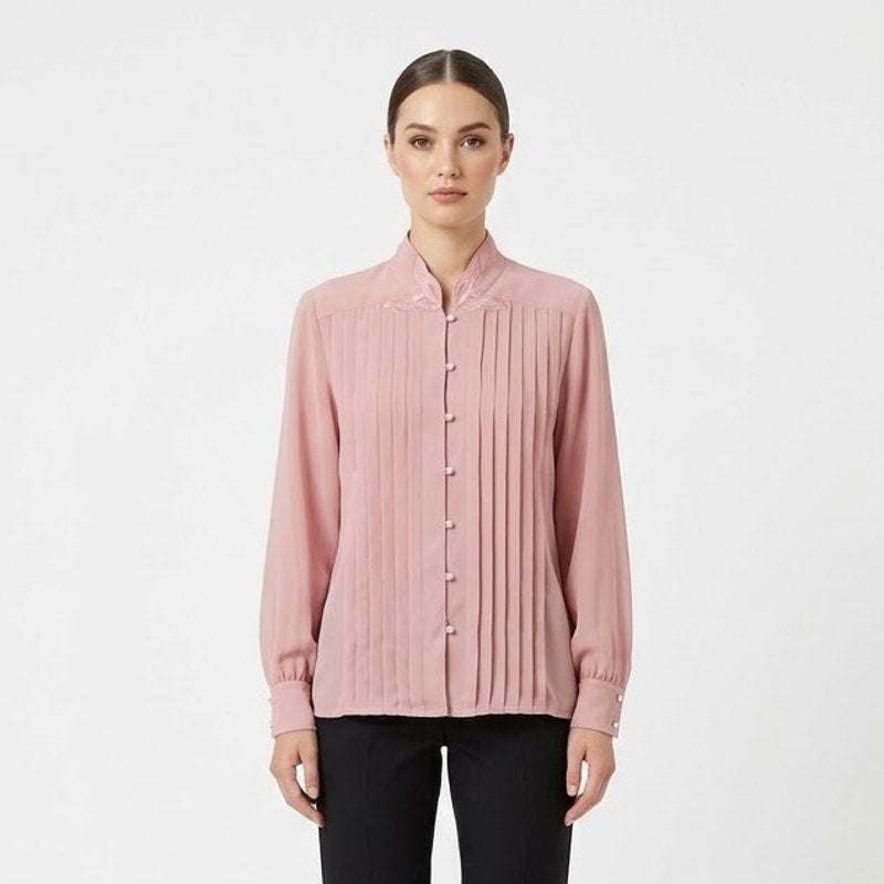 Yves St. Clair Vintage Pleated Blouse Top Puff Sleeve Shoulder Pad Pink 10