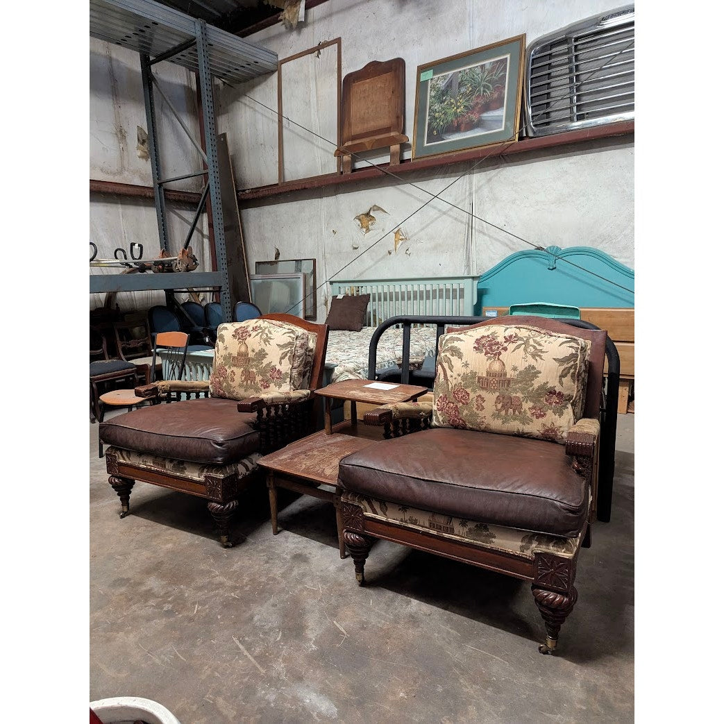 Secondhand Sandies: Pair Vintage Spanish Revival Leather & Tapestry Elephant Bobbin Chair