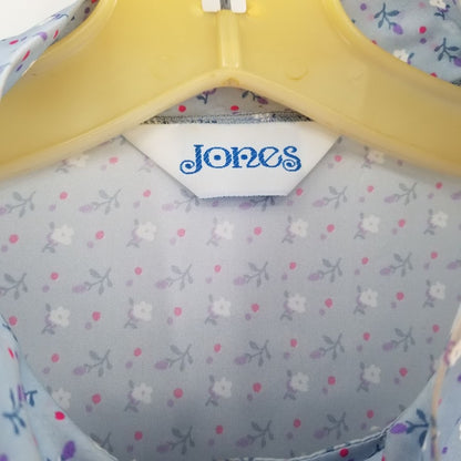 Jones Vintage Blouse Shirt Top Polyester Medium/Large Tie Neck Long Sleeved Blue