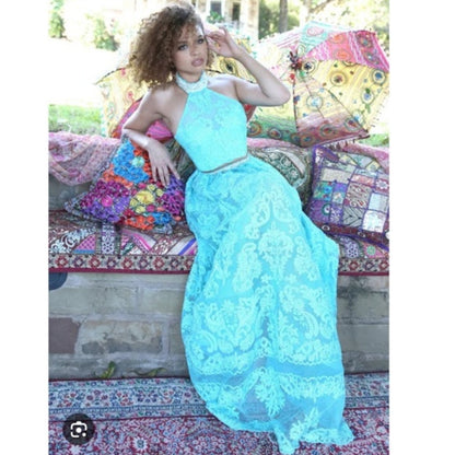 Sherri Hill 2 pc. halter top w/ maxi skirt teal aqua pearls 51020 Top 8 Skirt 0