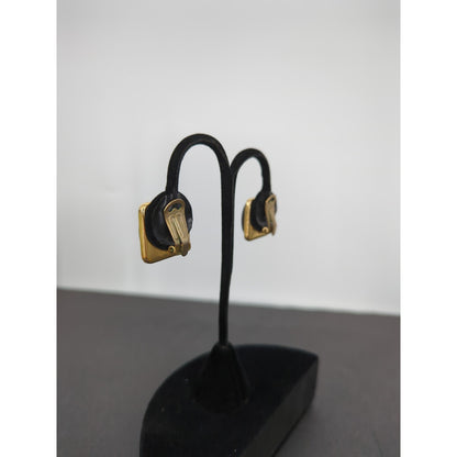 Vintage Clip On Earrings ITALY Gold tone with black MCM 1"