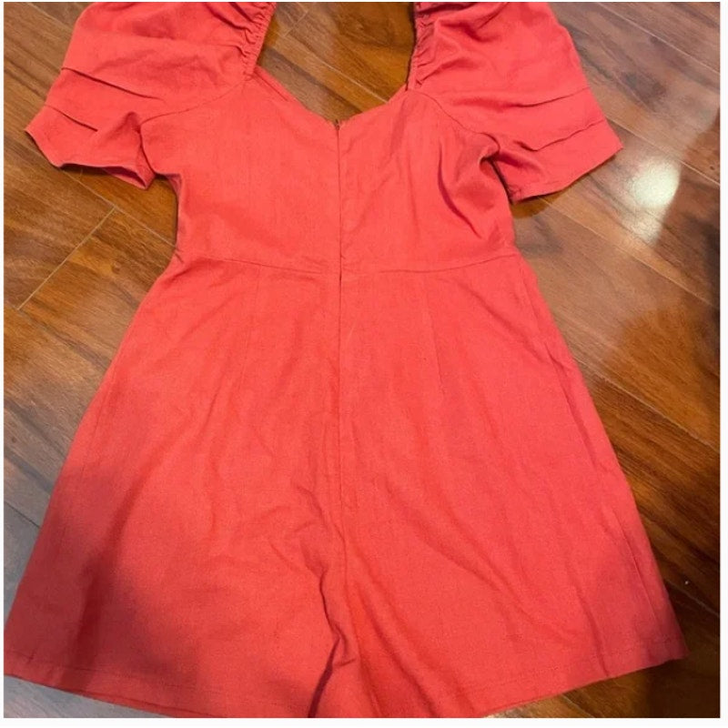 All in Favor NEW Cranberry Red Short Puff Sleeve Linen Romper Dress Short SMALL