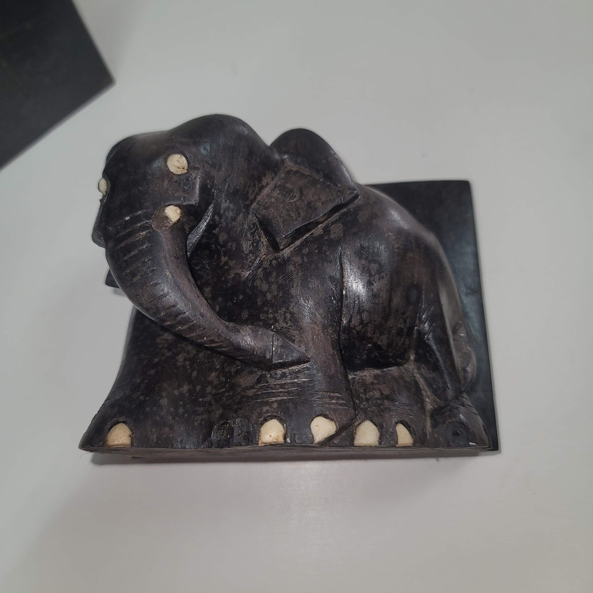 Vintage Elephant Bookends Hand Carved Wooden Ebony wood Bone Accents