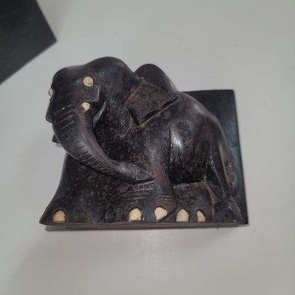 Vintage Elephant Bookends Hand Carved Wooden Ebony wood Bone Accents