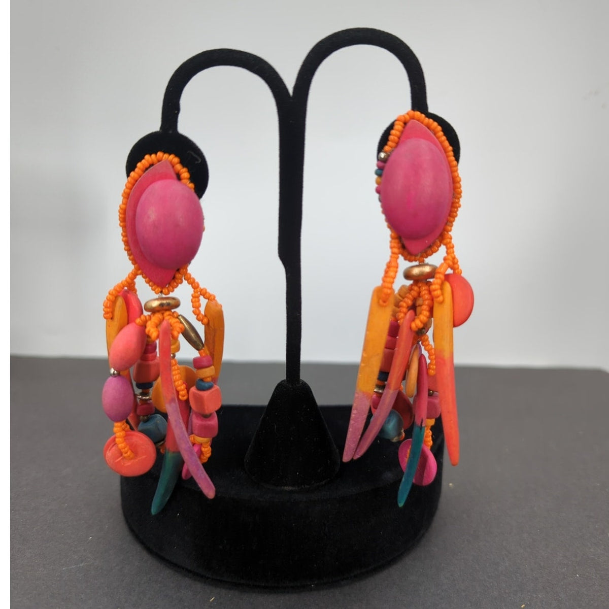 Whimsigoth Neon Orange Wood Beaded Multi-Strand ClipOn Earrings 80s Neon Grunge