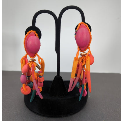 Whimsigoth Neon Orange Wood Beaded Multi-Strand ClipOn Earrings 80s Neon Grunge