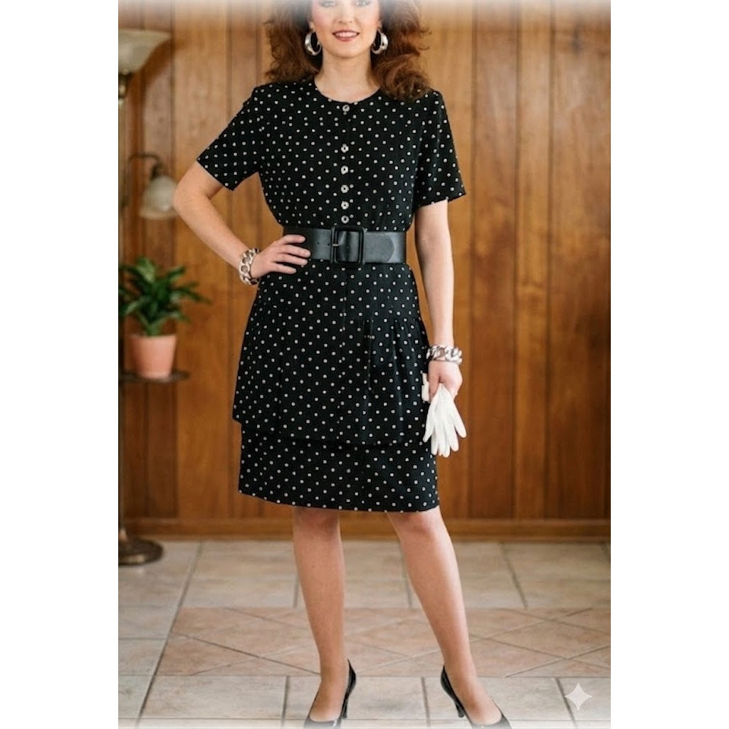 Sherri Martin Size 16W Black White Polka Dot Dress short Sleeve Knee Length 80's