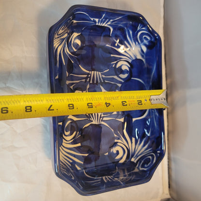 Handmade Handpainted Talavera Casserole Serving Dish Blue White Rectangle