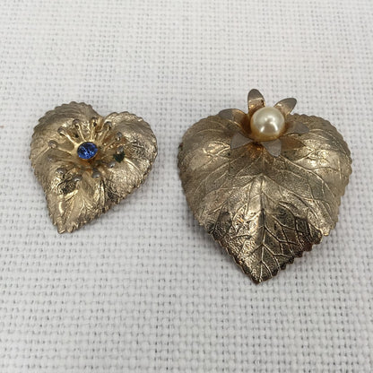 Pair of vintage goldtone PINS Brooches Leaf design faux stones Pearl Sapphire