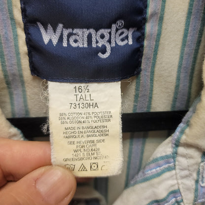 Wrangler pearl snap shirt blue white short sleeve Mens shirt Size 16 1/2 tall