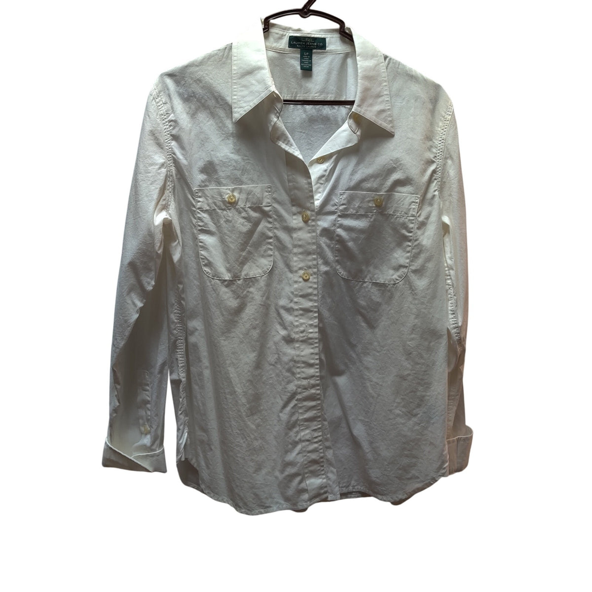 LRL Ralph Lauren White Button Up Shirt Womens Petite Small Roll Tab Blouse