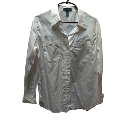 LRL Ralph Lauren White Button Up Shirt Womens Petite Small Roll Tab Blouse