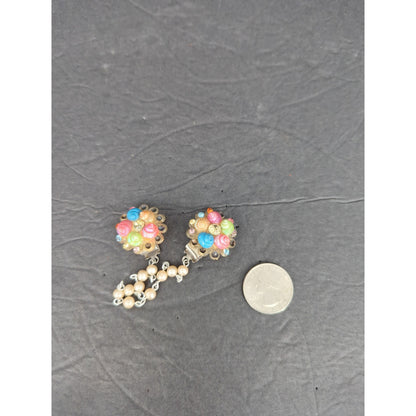Vintage Pastel Shell Rhinestone Pearl Sweater Guard Clip Chain Cardigan Clamp