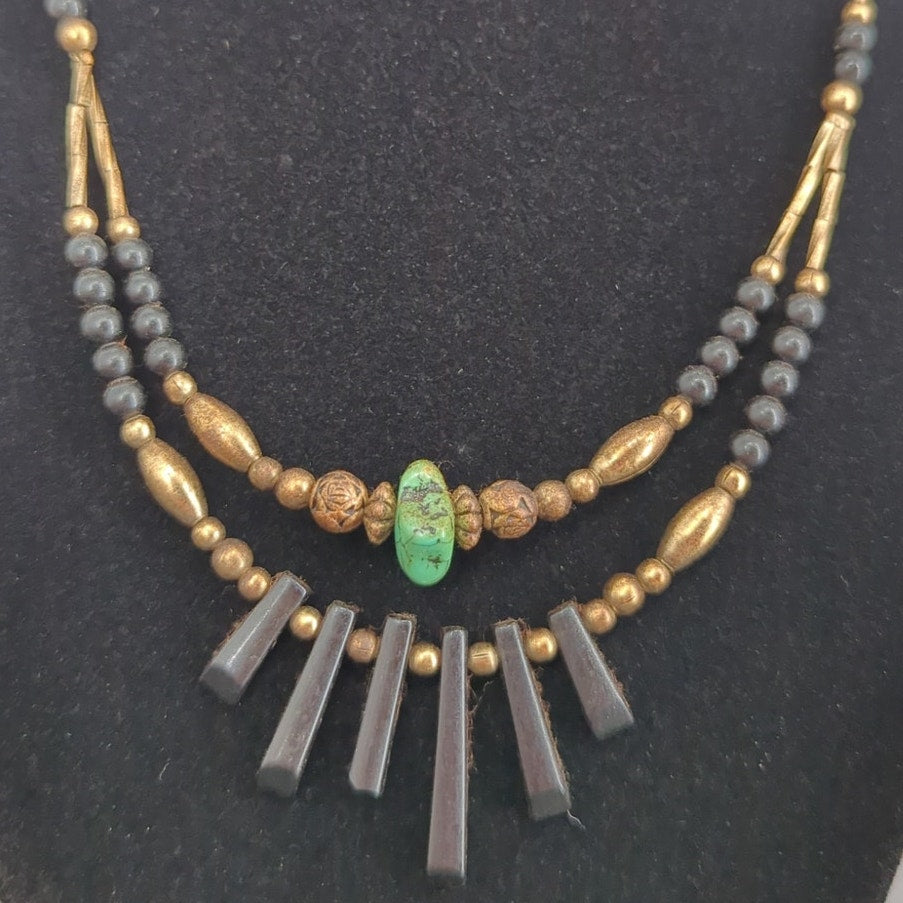 Vintage Brass Beaded Fringe Necklace Turquoise Pendant Boho Tribal Statement