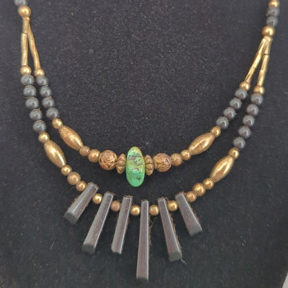 Vintage Brass Beaded Fringe Necklace Turquoise Pendant Boho Tribal Statement