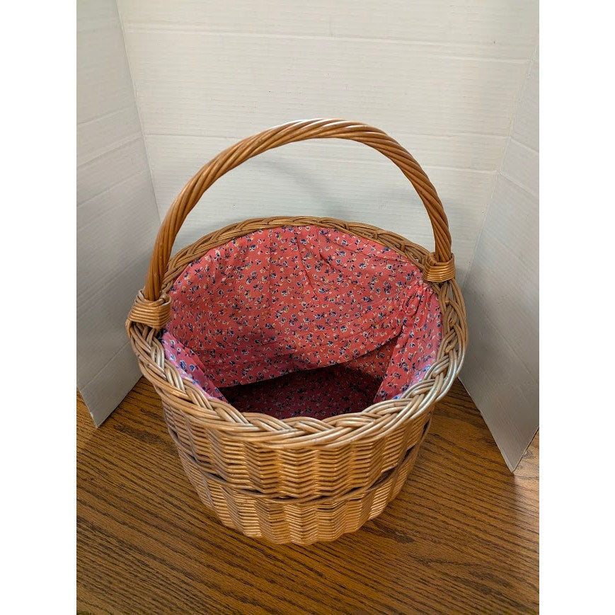 Vintage Woven Wicker Gathering Basket with Calico Drawstring Liner Sewing 18"