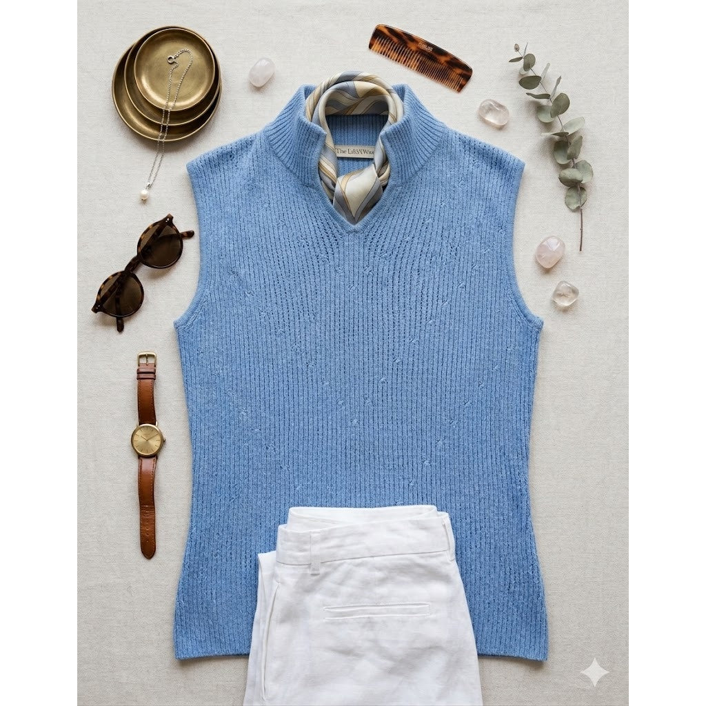 Preston & York Blue Ribbed Sleeveless Sweater Top Size Medium faux collar