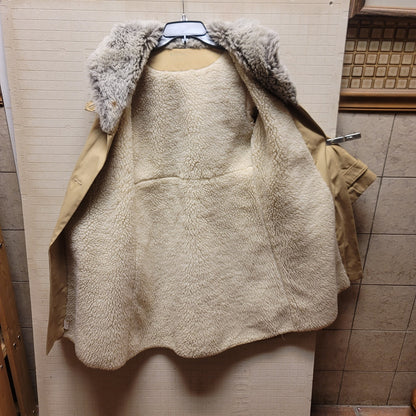 Vintage XS coat Winter Lined Faux Fur collar Tan Heavy Extra Small NO BELT Lined