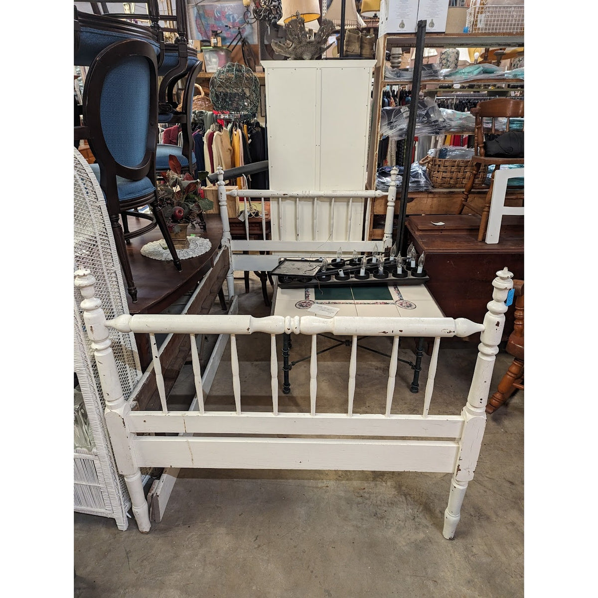 Secondhand Sandies: Spindle wood bed BEDFRAME white double. Perfect for foam / futon