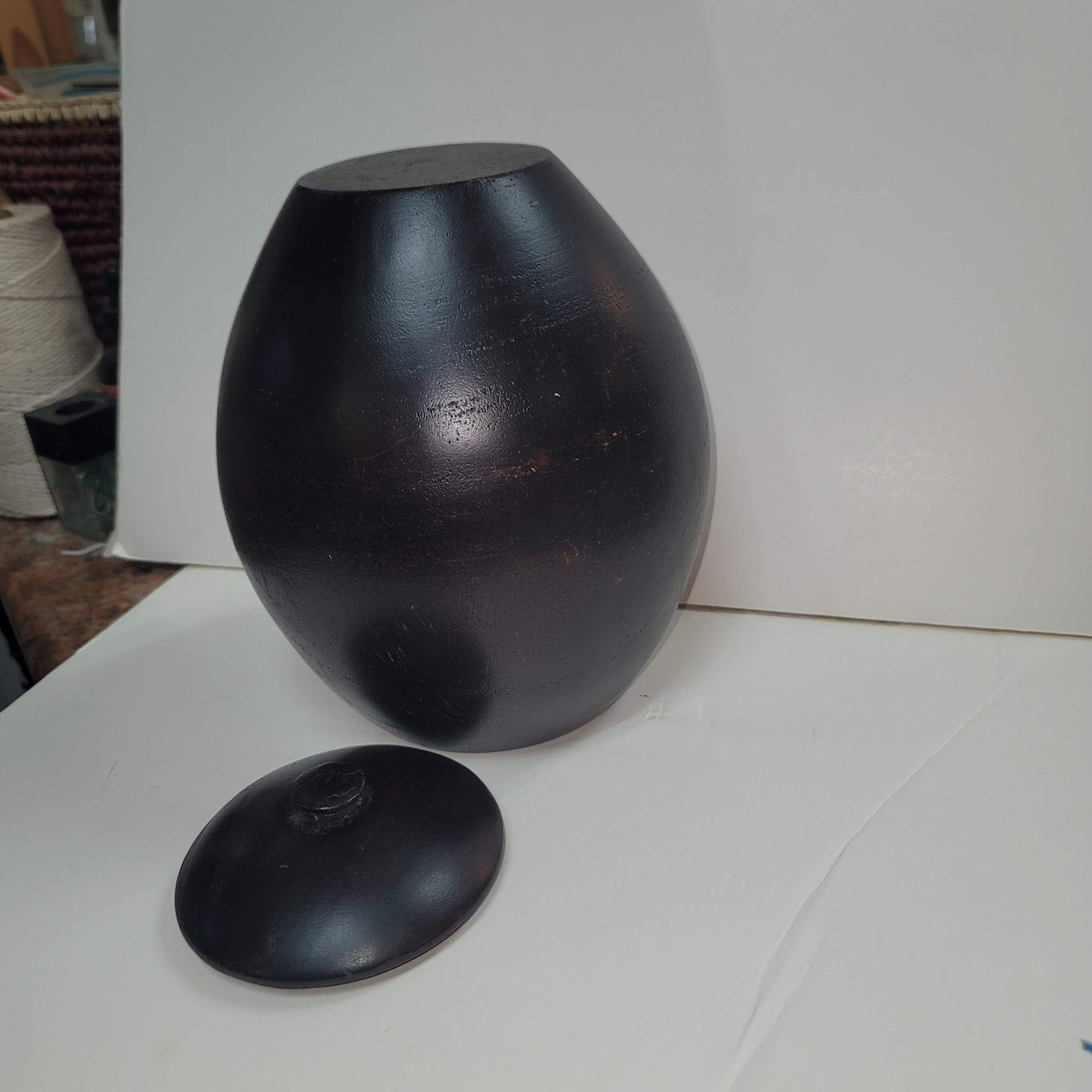 Handmade HAND TURNED urn wood dark egg shape 10" tall with lid URN Biscuit