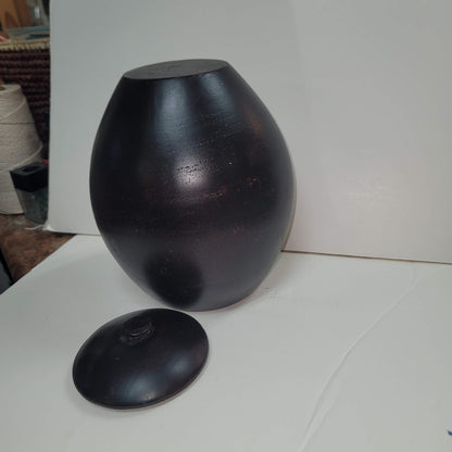 Handmade HAND TURNED urn wood dark egg shape 10" tall with lid URN Biscuit