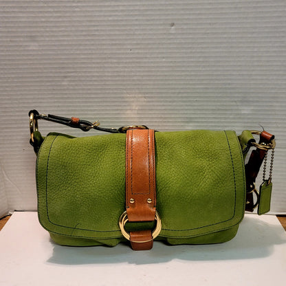 COACH Chelsea Y2K W Green Shoulder Bag Suede Carmel Leather Vintage Flap Front