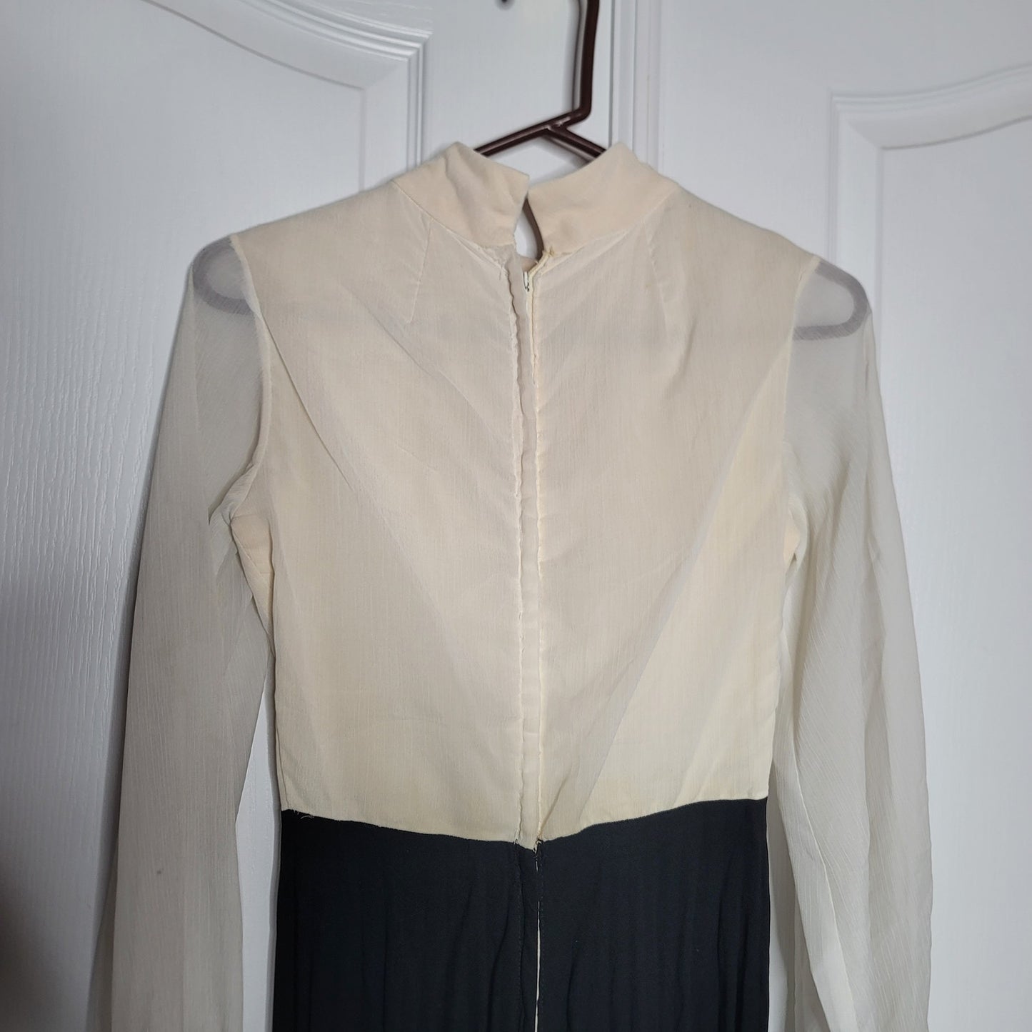 Vintage Poly Chiffon Jumpsuit Cream Black Small/XS 1960's Cocktail Pleated sheer