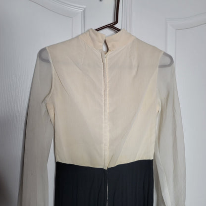 Vintage Poly Chiffon Jumpsuit Cream Black Small/XS 1960's Cocktail Pleated sheer