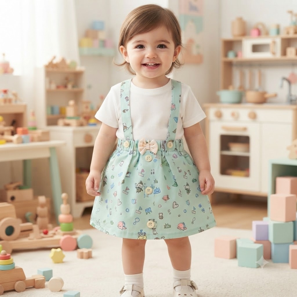 Vintage Novelty Baby Print Overall Dress Green 12 Months