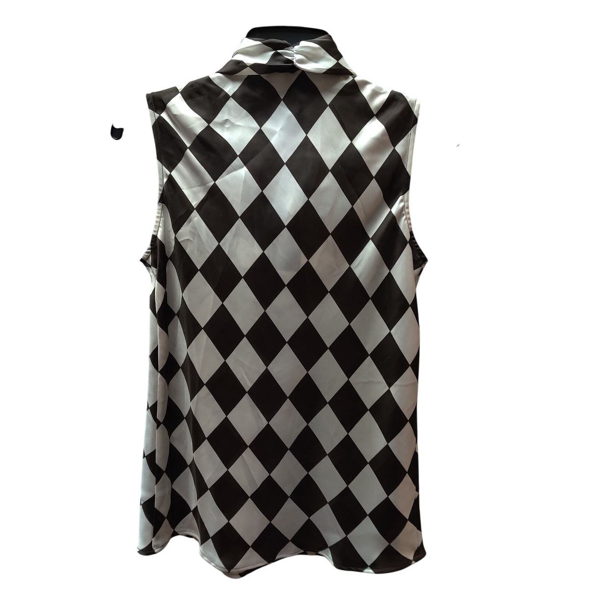Nine West Black White Argyle Diamond Tie Neck Tank Top Small Sleeveless Blouse