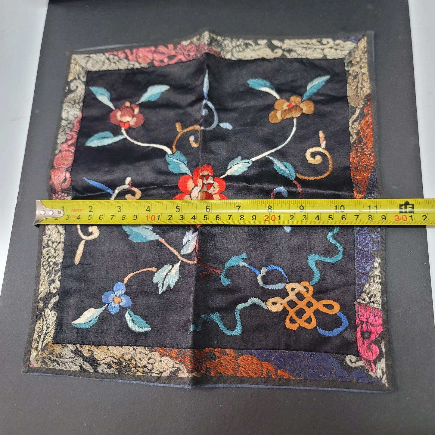 Vintage Chinese hand embroidery silk fabric placemat tapestry black floral