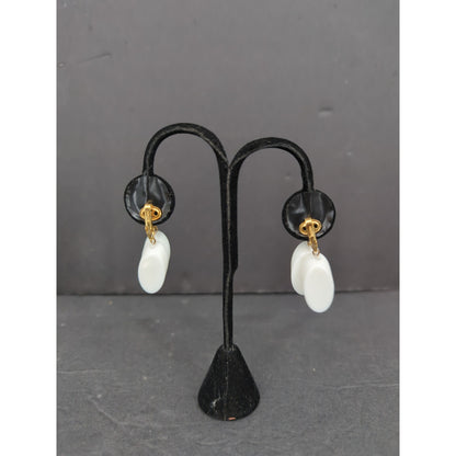 Vintage Trifari White and Black Modernist Clip On Earrings 1960s Glam Dangle