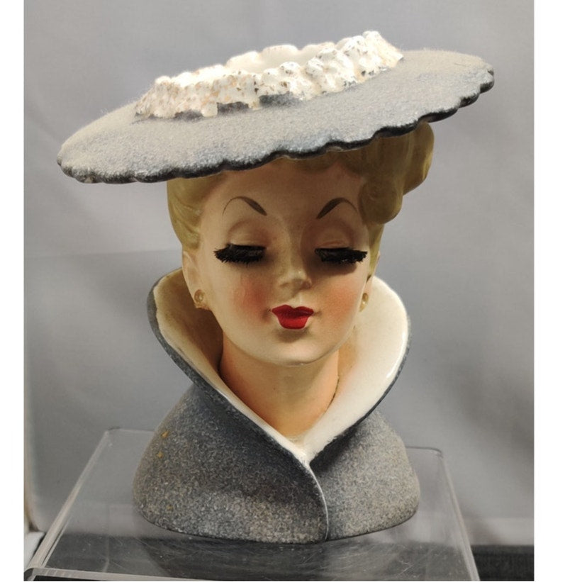 Vintage Gray Hat Lady Head Vase Planter Kitschy Ceramic Inarco C3815A 1959