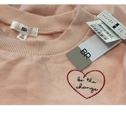 NWT BP "Be The Change" Embroidered Heart Crew Neck Sweatshirt in Pink Sz Medium