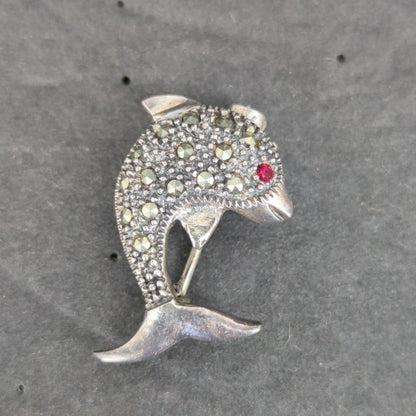 Vintage Sterling Silver 925 Rhinestone Ruby Dolphin Brooch Pin Nautical Retro