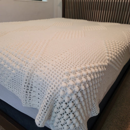 AMAZING handmade crochet blanket coverlet white geometric queen full bedspread