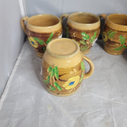 Set of 6 Primitive folk VINTAGE hand painted art pottery mug cup encised flowers