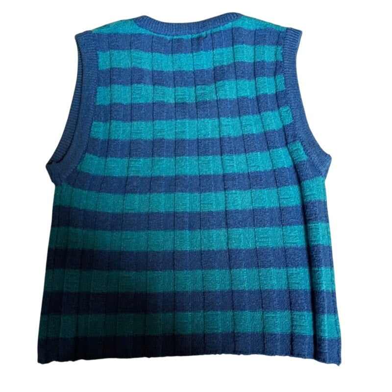 Jamie Scott knit Large Blue Teal striped Sleeveless Sweater top preppy 90s Mod